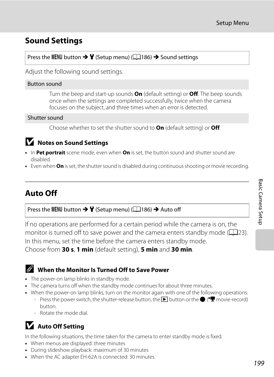 Sound settings, Auto off, Sound settings auto off | A199), A199), tur, A199) tr, A199) wi, A199 | Nikon COOLPIX P500 User Manual | Page 213 / 252