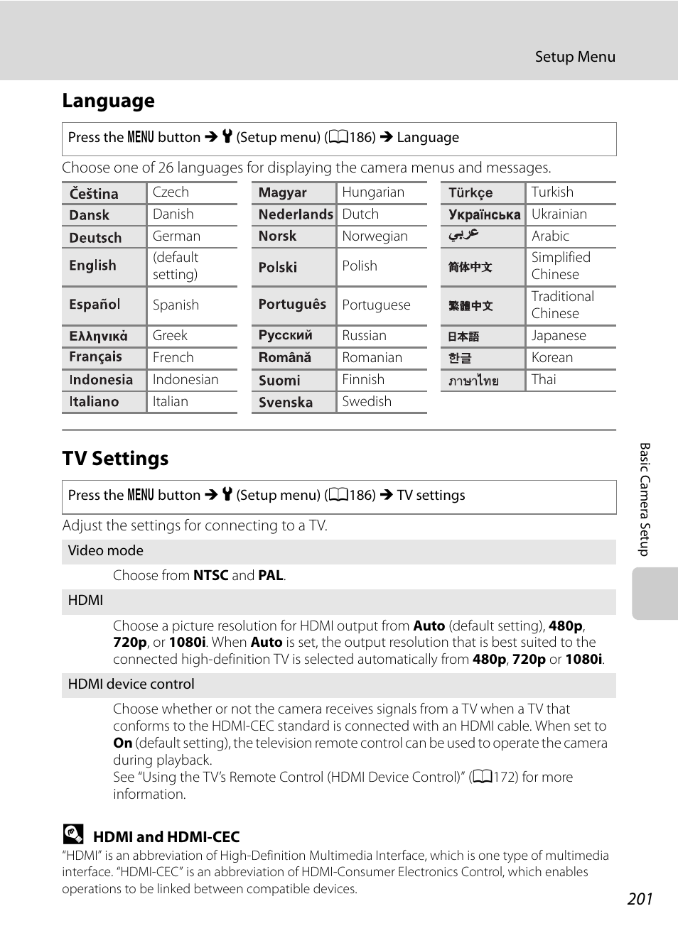 Language, Tv settings, Language tv settings | A201) i, A201), A201 | Nikon COOLPIX P500 User Manual | Page 215 / 252