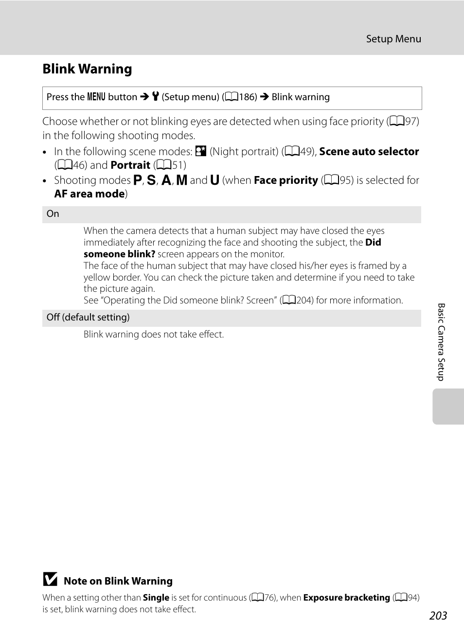 Blink warning, A203 | Nikon COOLPIX P500 User Manual | Page 217 / 252