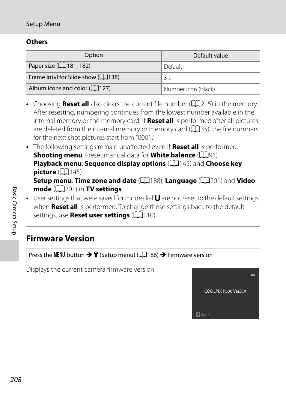 Firmware version, A208 | Nikon COOLPIX P500 User Manual | Page 222 / 252