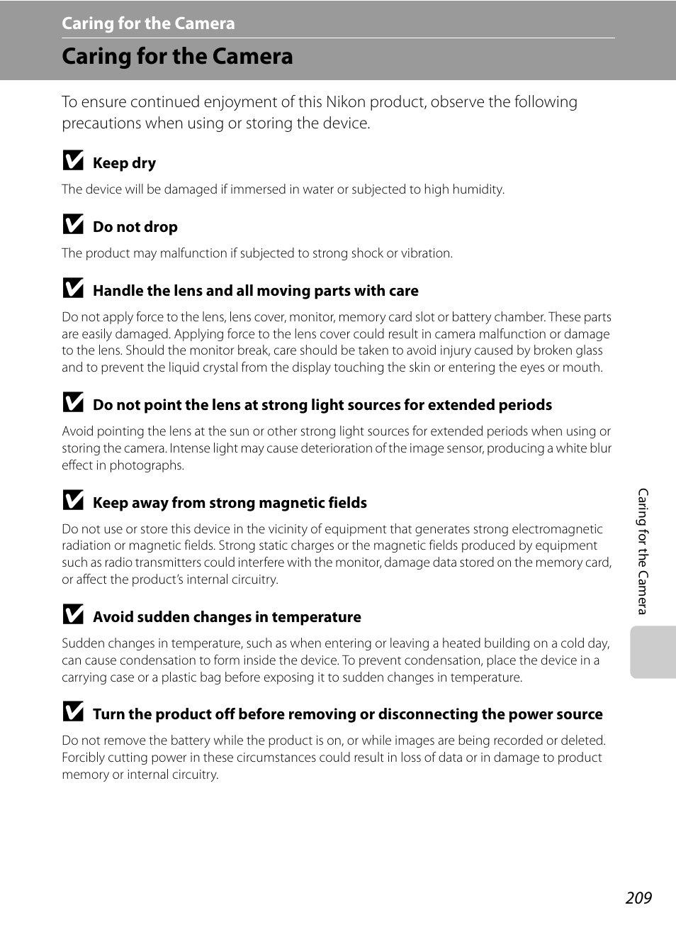 Caring for the camera | Nikon COOLPIX P500 User Manual | Page 223 / 252
