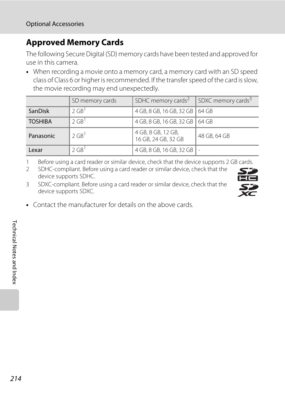 Approved memory cards, A214) | Nikon COOLPIX P500 User Manual | Page 228 / 252