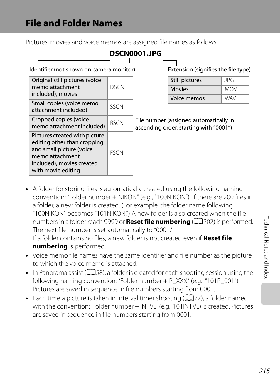 File and folder names, A215), A215) f | Ee “file and folder names, A215) fo, A215, 216), Dscn0001.jpg | Nikon COOLPIX P500 User Manual | Page 229 / 252