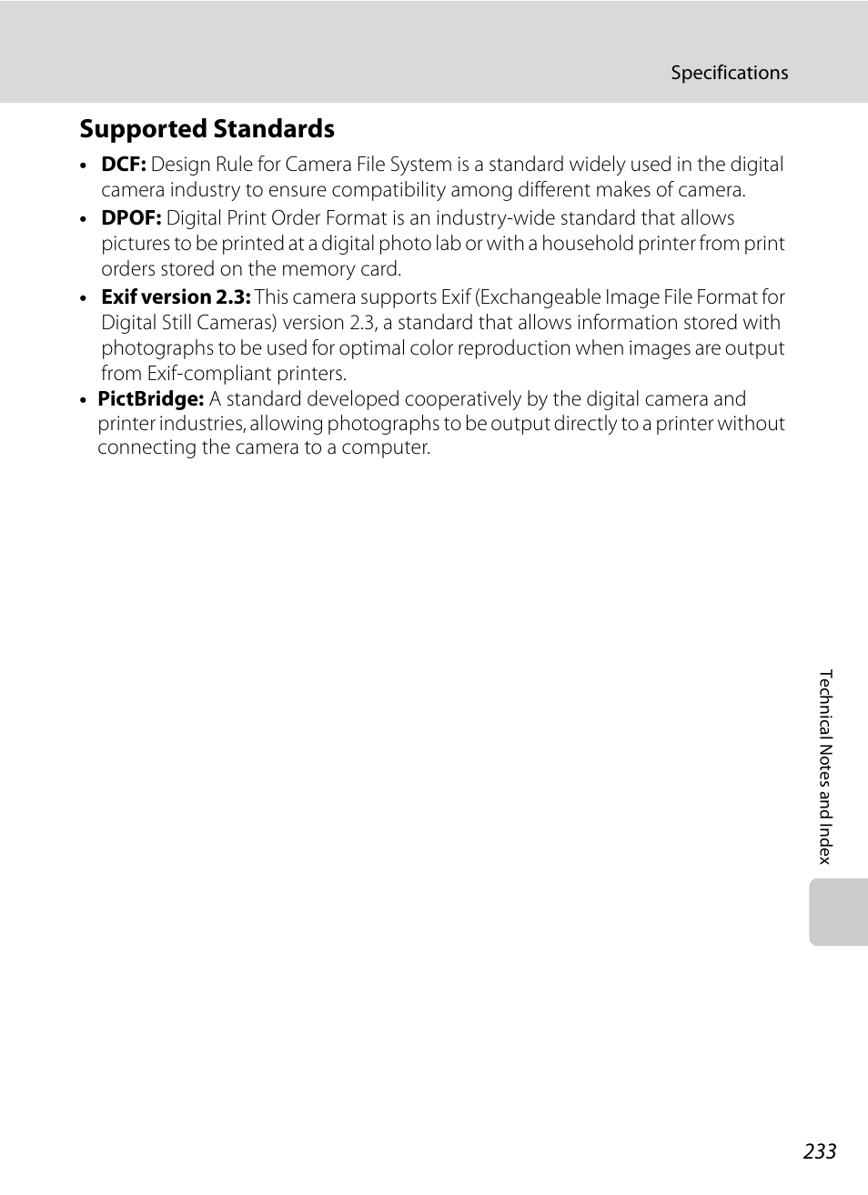 Supported standards, Ompatible, A233) pr | A233) | Nikon COOLPIX P500 User Manual | Page 247 / 252