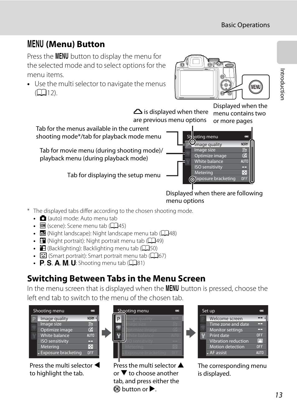 Menu button, Switching between tabs in the menu screen, D (menu) button | Nikon COOLPIX P500 User Manual | Page 27 / 252