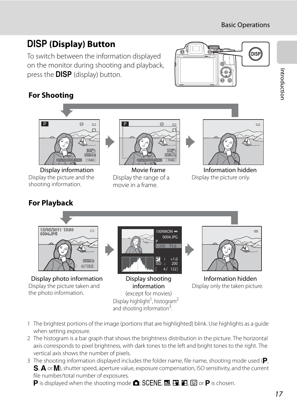 Display button, S (display) button, For shooting | For playback, Basic operations, Display information, Display photo information, Display shooting information, Information hidden | Nikon COOLPIX P500 User Manual | Page 31 / 252