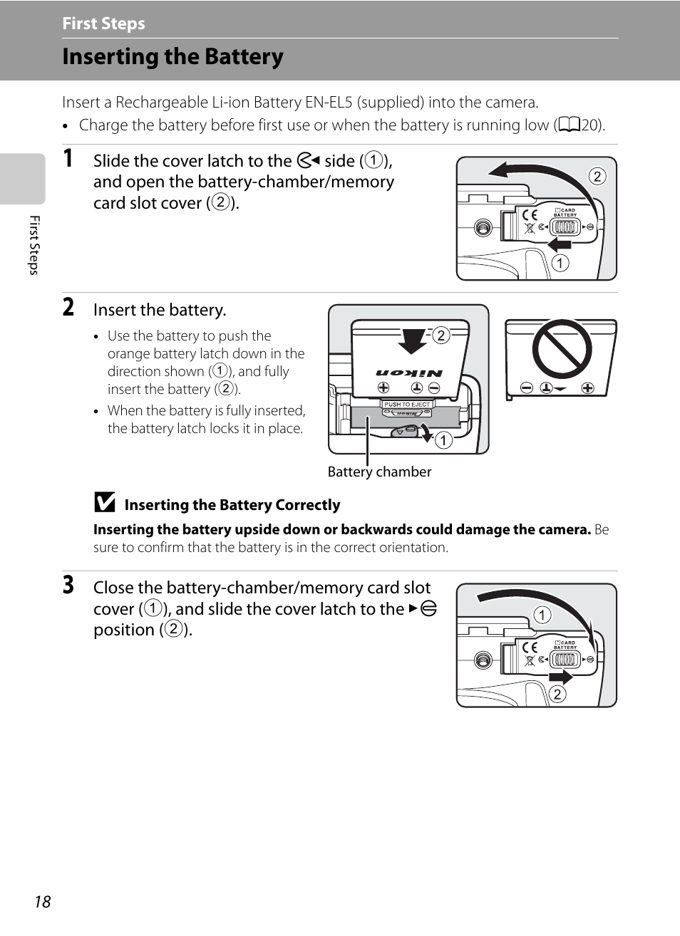 First steps, Inserting the battery | Nikon COOLPIX P500 User Manual | Page 32 / 252