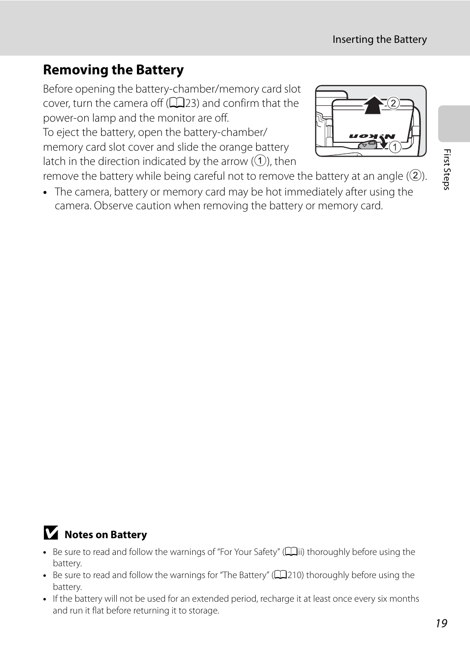 Removing the battery | Nikon COOLPIX P500 User Manual | Page 33 / 252