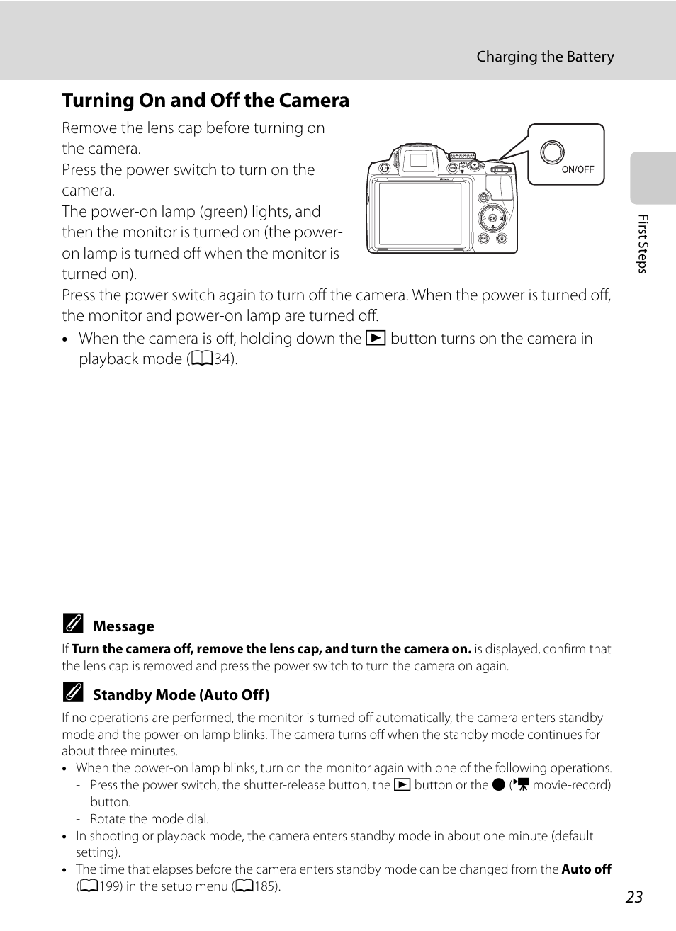 Turning on and off the camera | Nikon COOLPIX P500 User Manual | Page 37 / 252