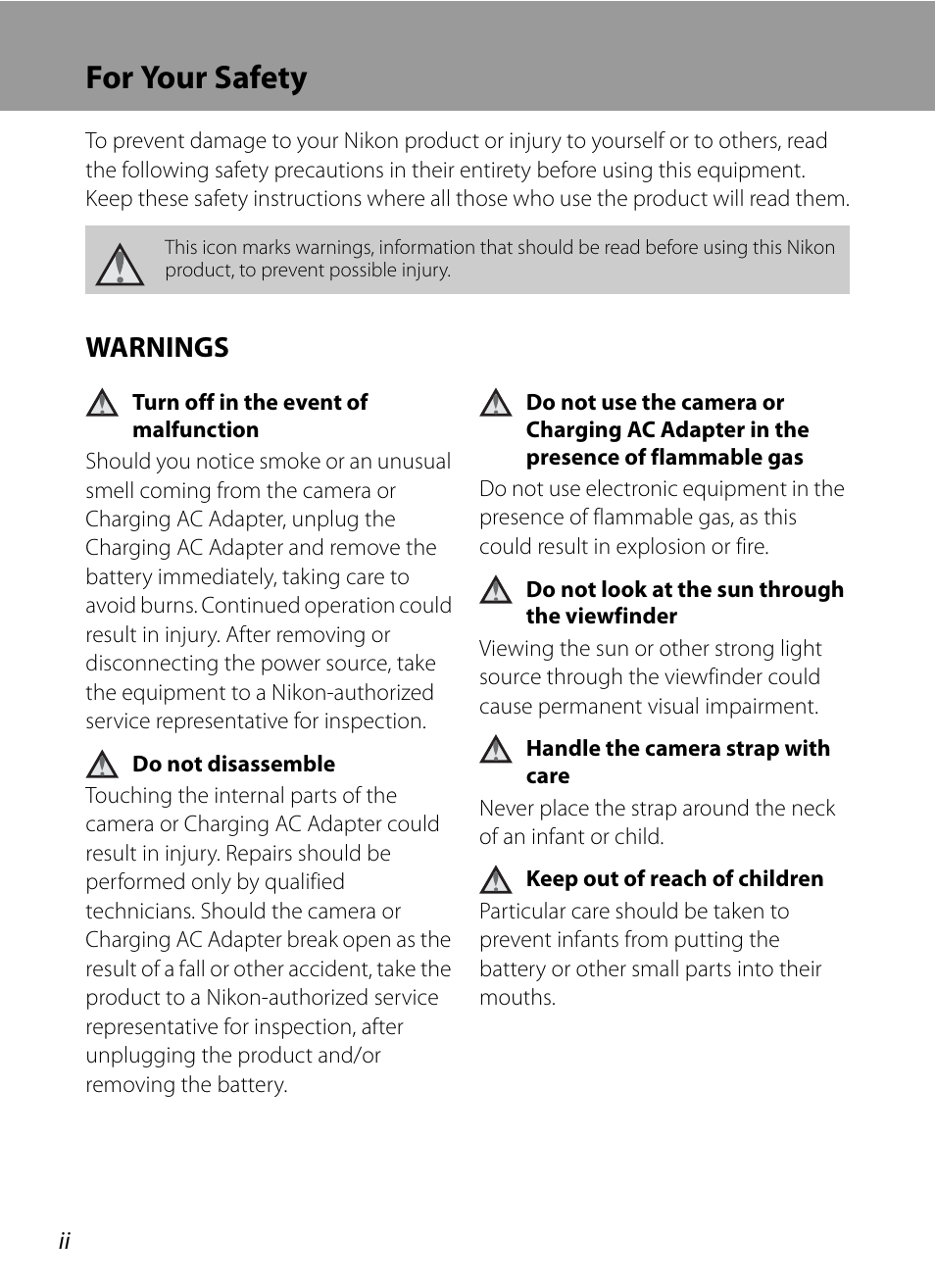For your safety, Warnings | Nikon COOLPIX P500 User Manual | Page 4 / 252