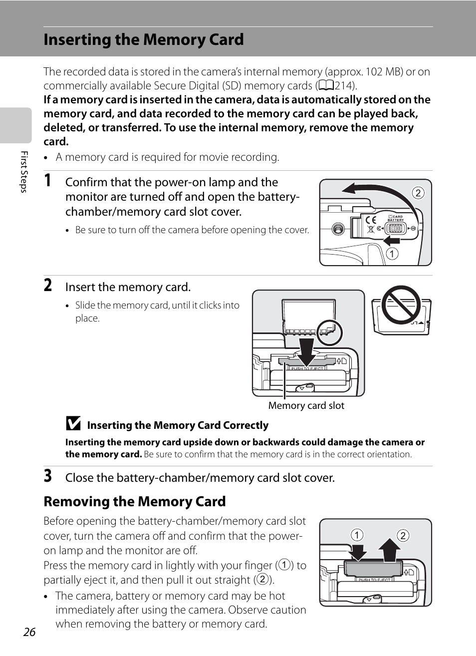 Inserting the memory card, Removing the memory card | Nikon COOLPIX P500 User Manual | Page 40 / 252