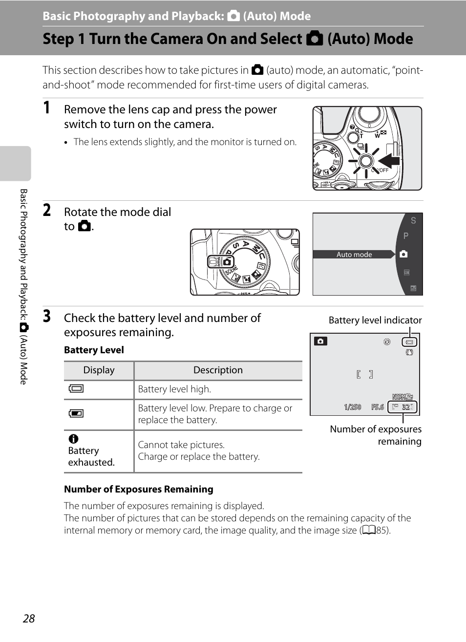 Basic photography and playback: auto mode, Step 1 turn the camera on and select auto mode, Basic photography and playback: a (auto) mode | Step 1 turn the camera on and select a (auto) mode, Rotate the mode dial to a | Nikon COOLPIX P500 User Manual | Page 42 / 252