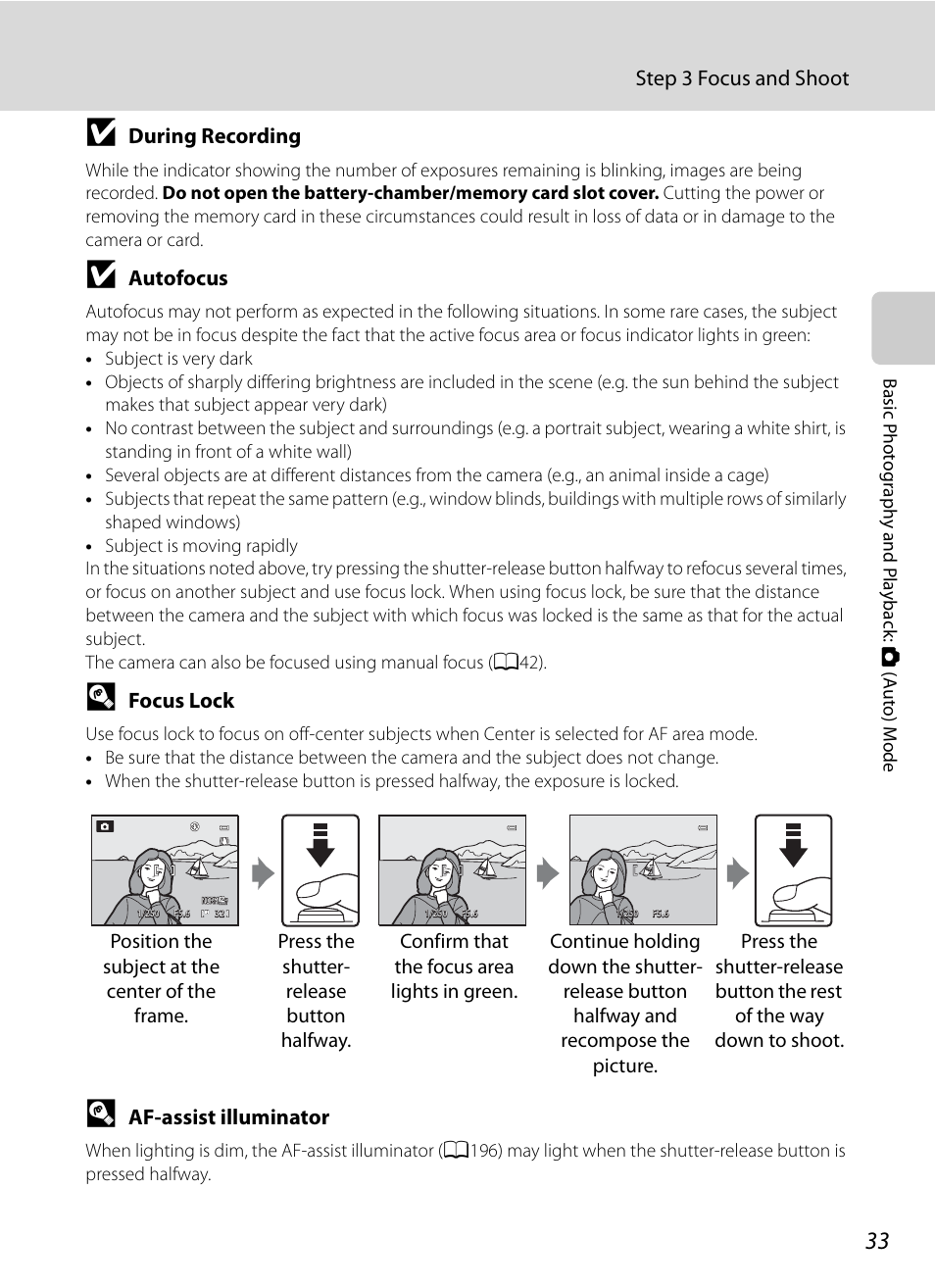 Step 3 focus and shoot, During recording, Autofocus | Focus lock, Af-assist illuminator | Nikon COOLPIX P500 User Manual | Page 47 / 252