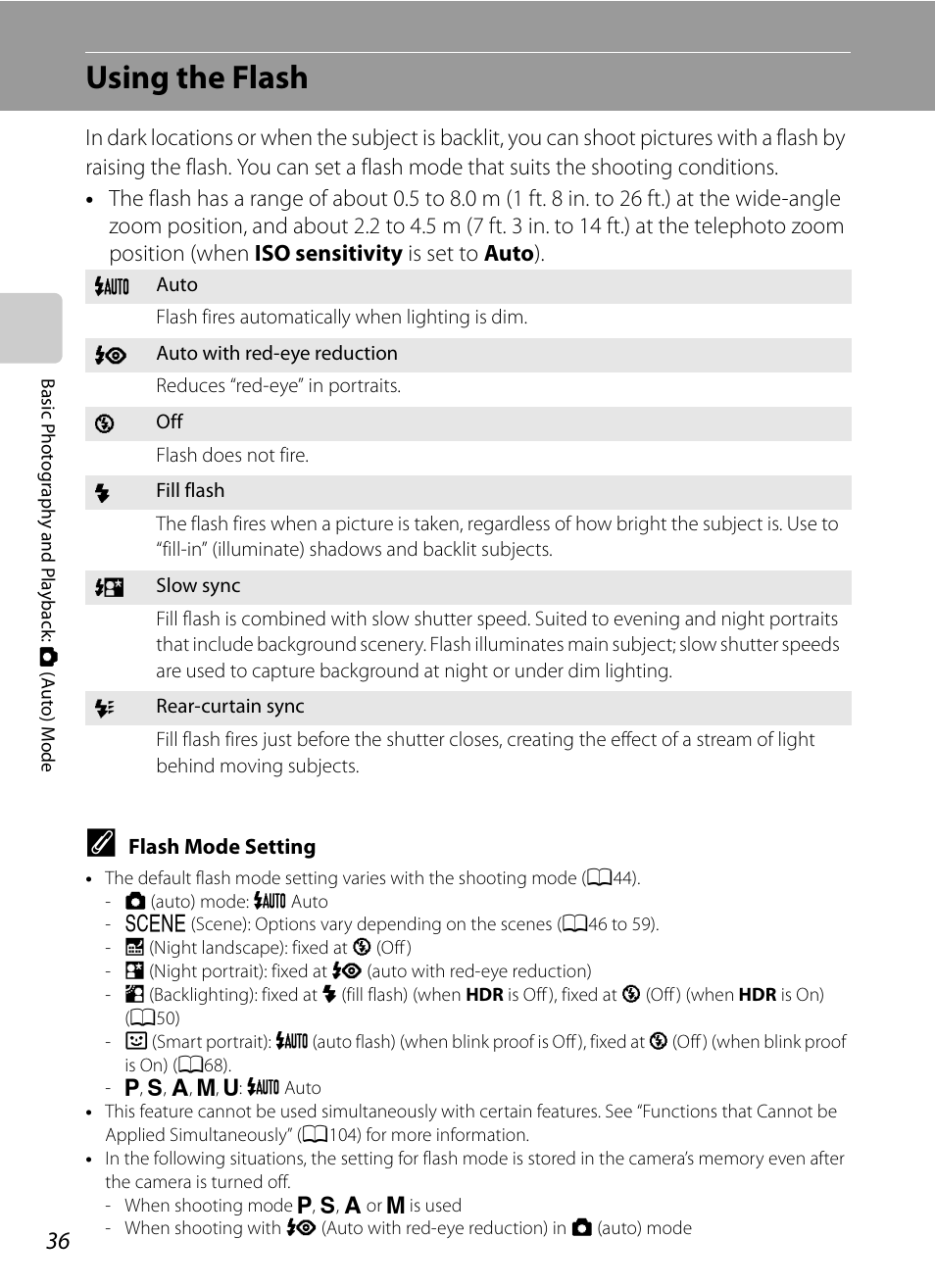 Using the flash, A36) men, A36) | Nikon COOLPIX P500 User Manual | Page 50 / 252