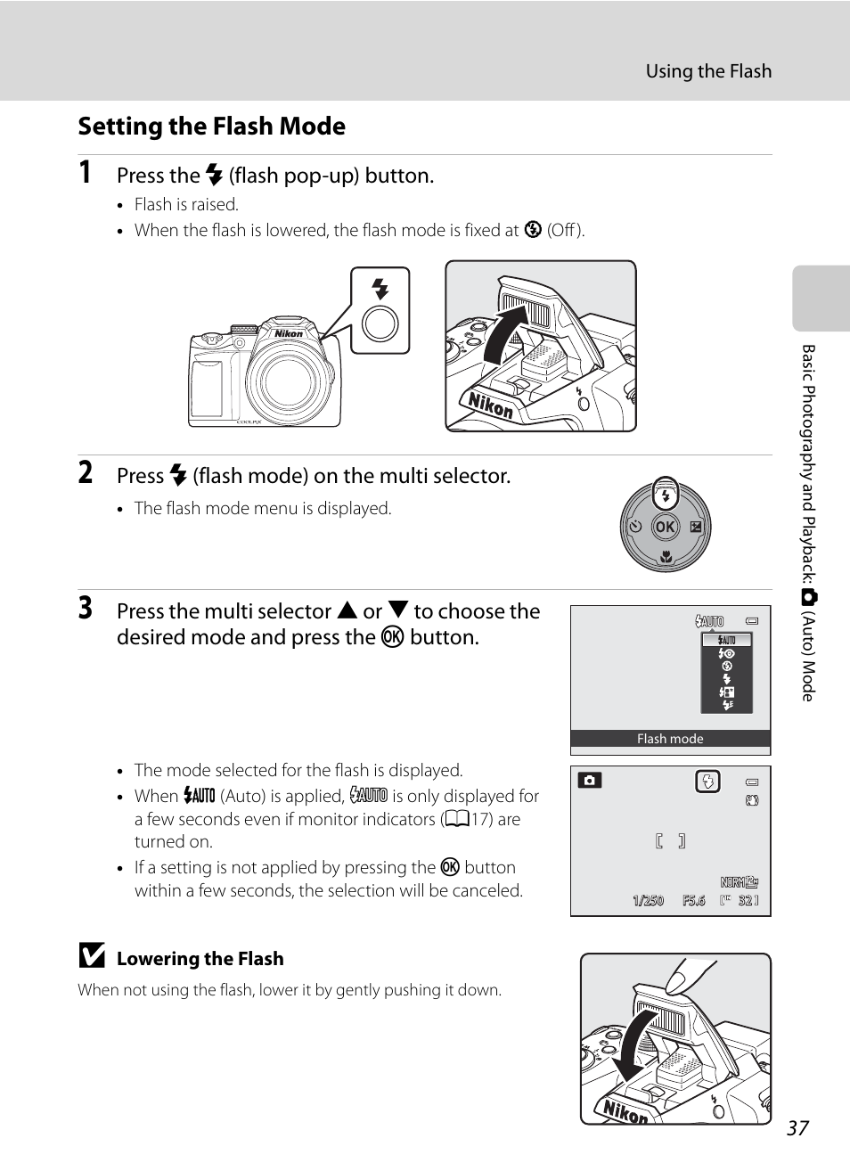 Setting the flash mode, A37) | Nikon COOLPIX P500 User Manual | Page 51 / 252