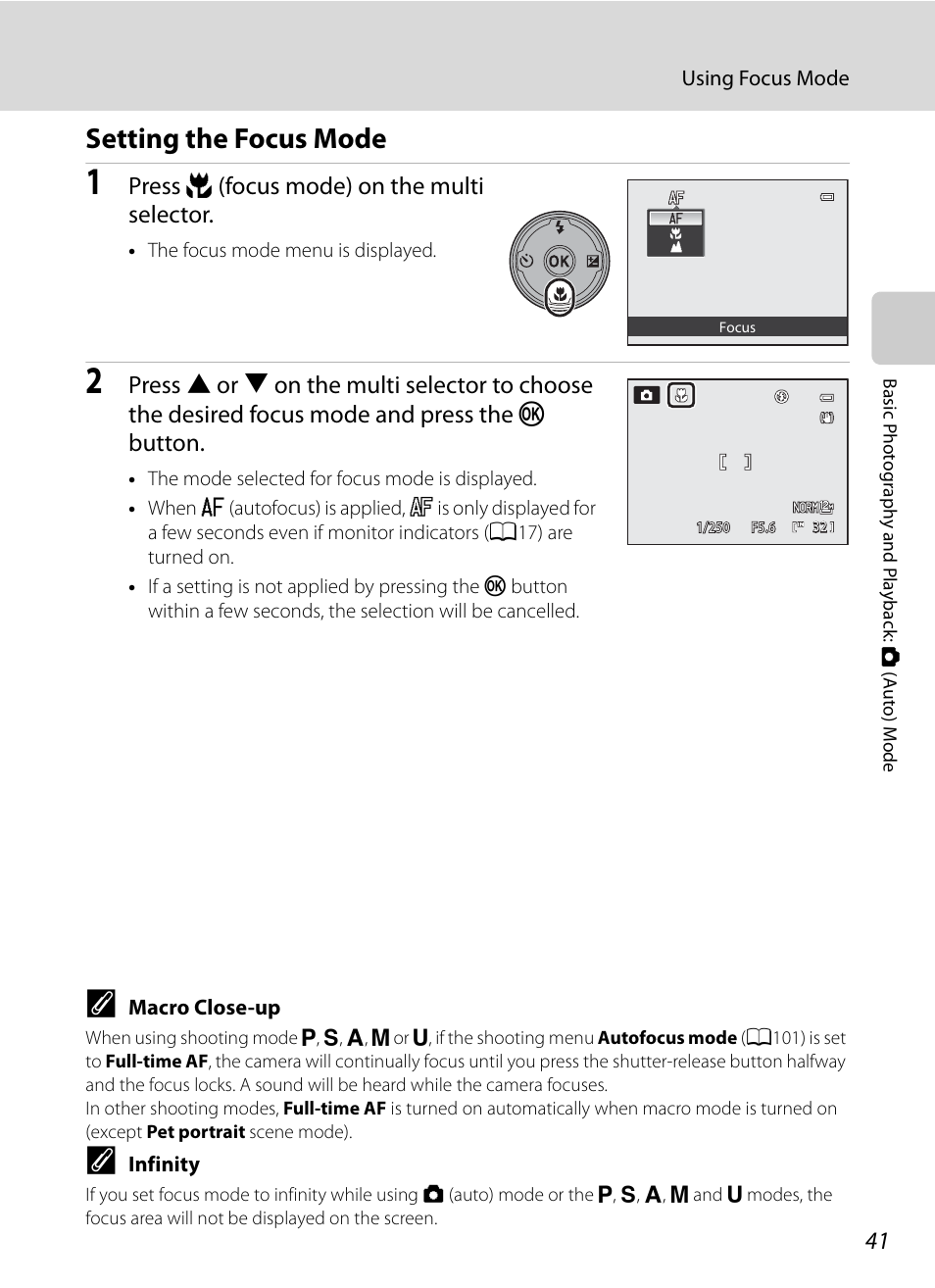 Setting the focus mode, Press p (focus mode) on the multi selector | Nikon COOLPIX P500 User Manual | Page 55 / 252