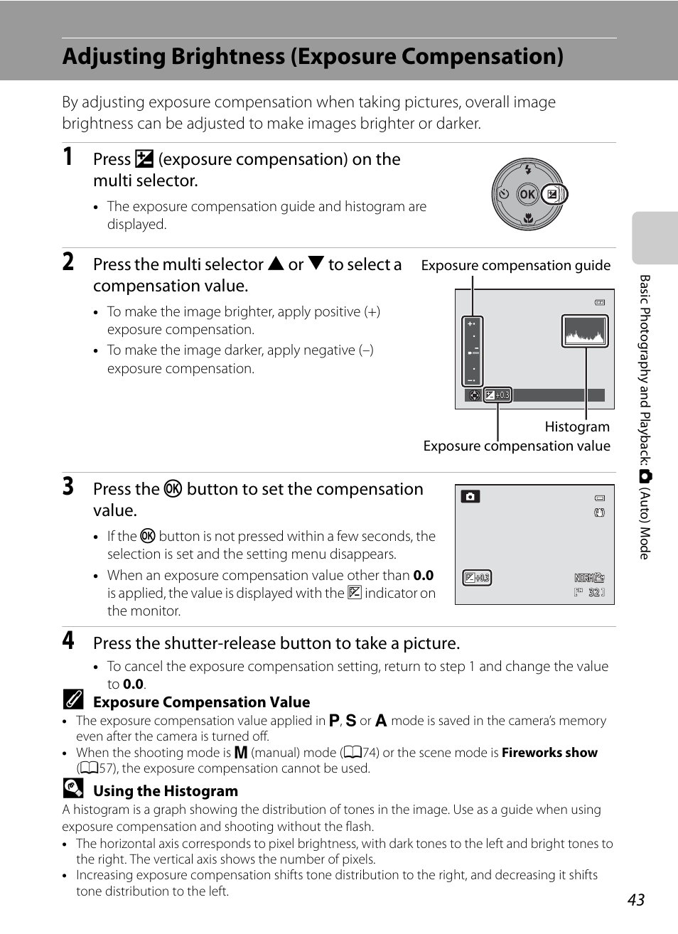 Adjusting brightness (exposure compensation), Tion, A43) can | Nikon COOLPIX P500 User Manual | Page 57 / 252