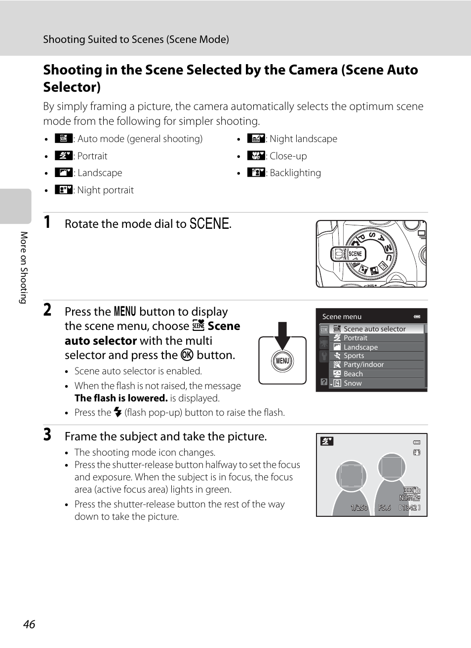 A46 t, 46 t, A46) | Rotate the mode dial to y, Frame the subject and take the picture | Nikon COOLPIX P500 User Manual | Page 60 / 252