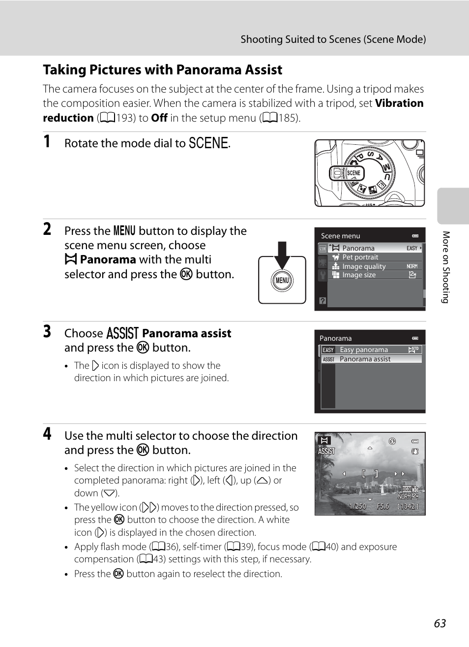 Taking pictures with panorama assist, E “taking pictures with panorama assist” (a63) | Nikon COOLPIX P500 User Manual | Page 77 / 252