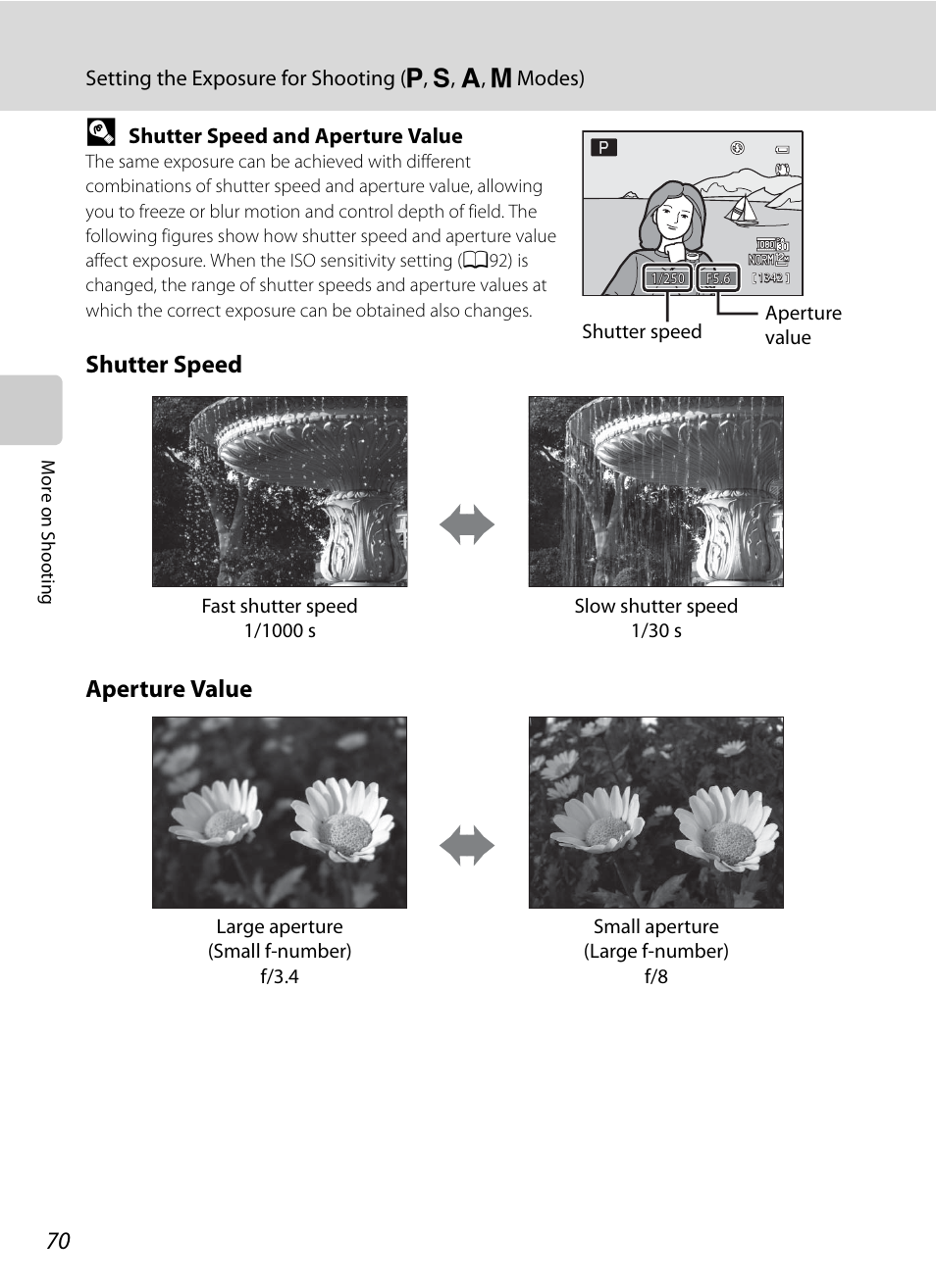 A70), Shutter speed aperture value | Nikon COOLPIX P500 User Manual | Page 84 / 252