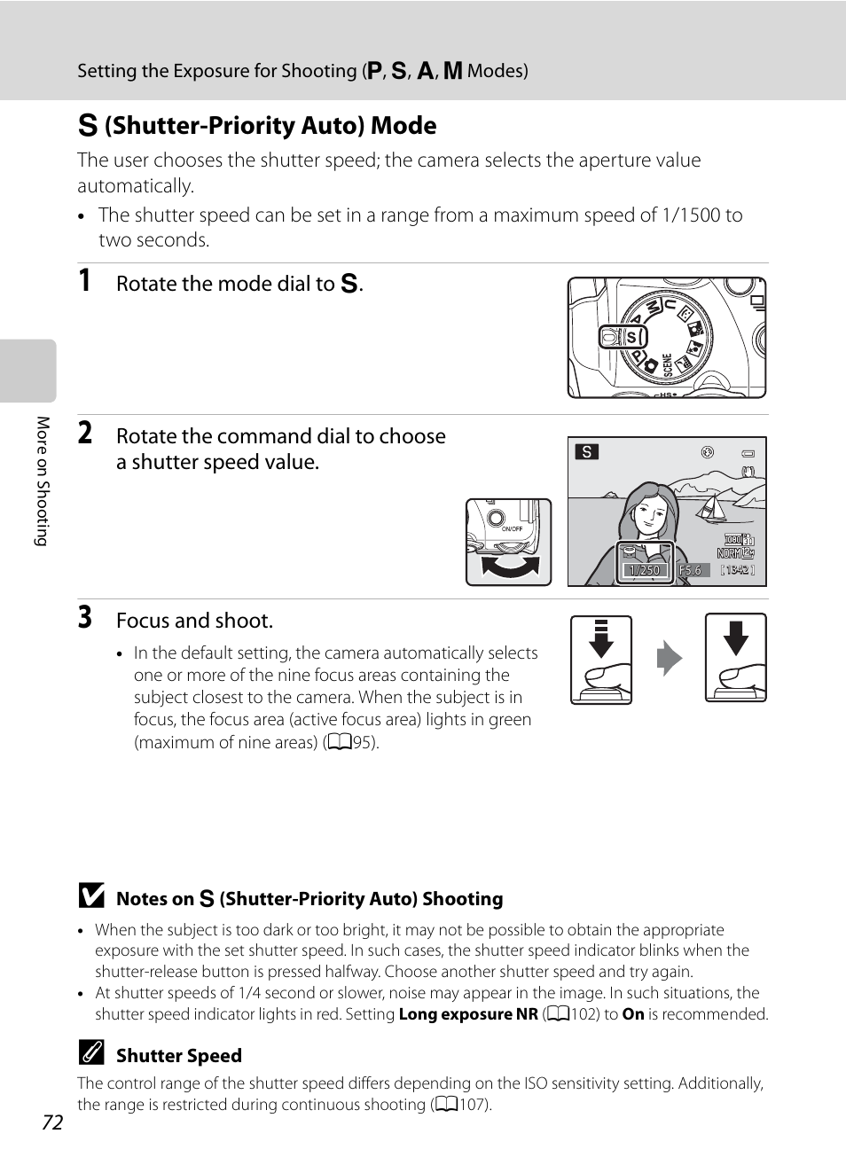S (shutter-priority auto) mode, K (shutter-priority auto) mode, A72) | Nikon COOLPIX P500 User Manual | Page 86 / 252