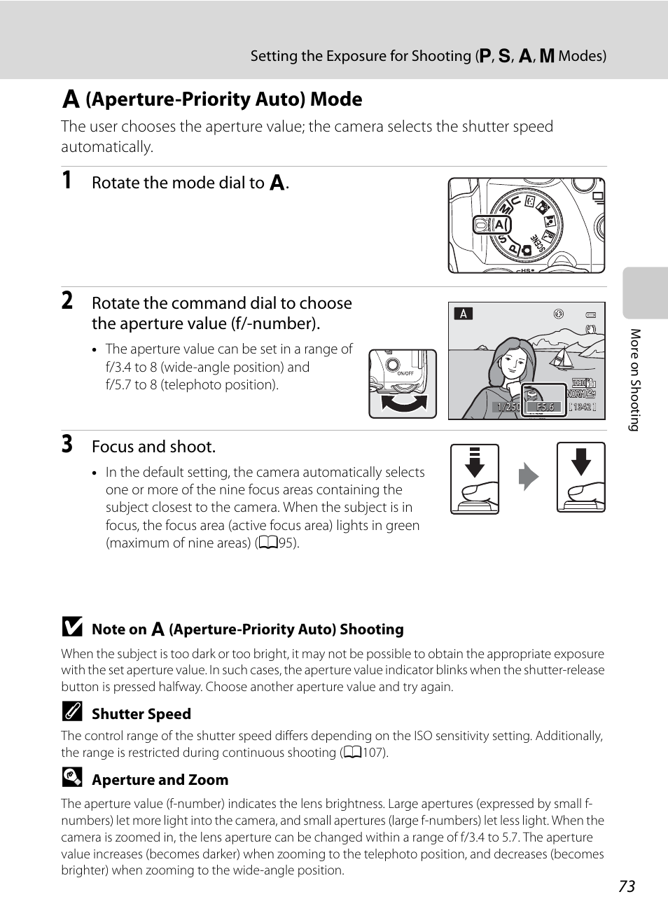 A (aperture-priority auto) mode, L (aperture-priority auto) mode, A73) | Nikon COOLPIX P500 User Manual | Page 87 / 252