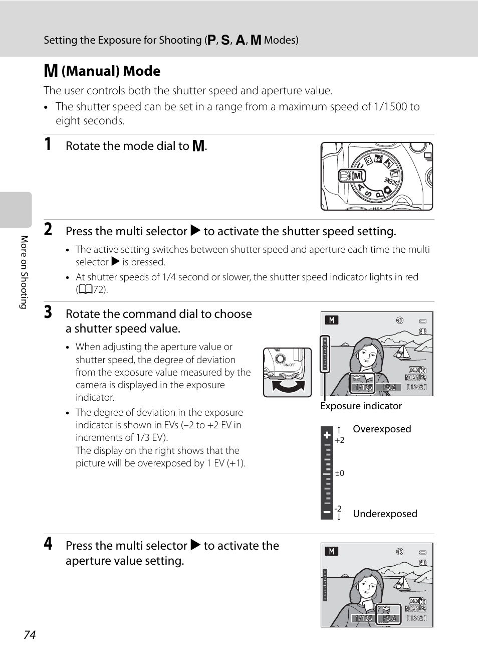 M (manual) mode, A74), Rotate the mode dial to m | Nikon COOLPIX P500 User Manual | Page 88 / 252