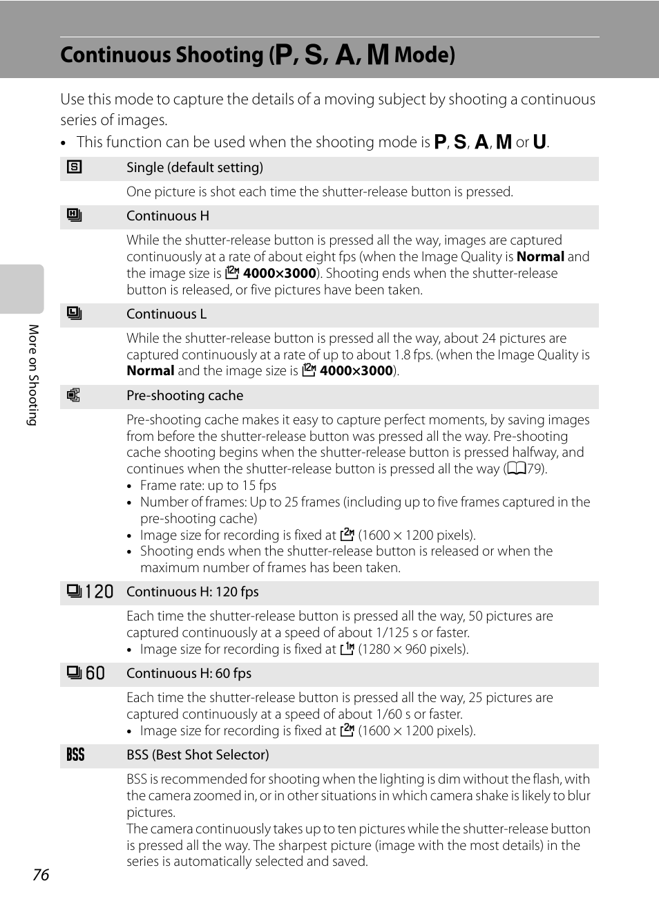 Continuous shooting (p, s, a, m mode), Continuous shooting, J, k, l, m mode) | A76), Continuous shooting ( j , k , l , m mode) | Nikon COOLPIX P500 User Manual | Page 90 / 252