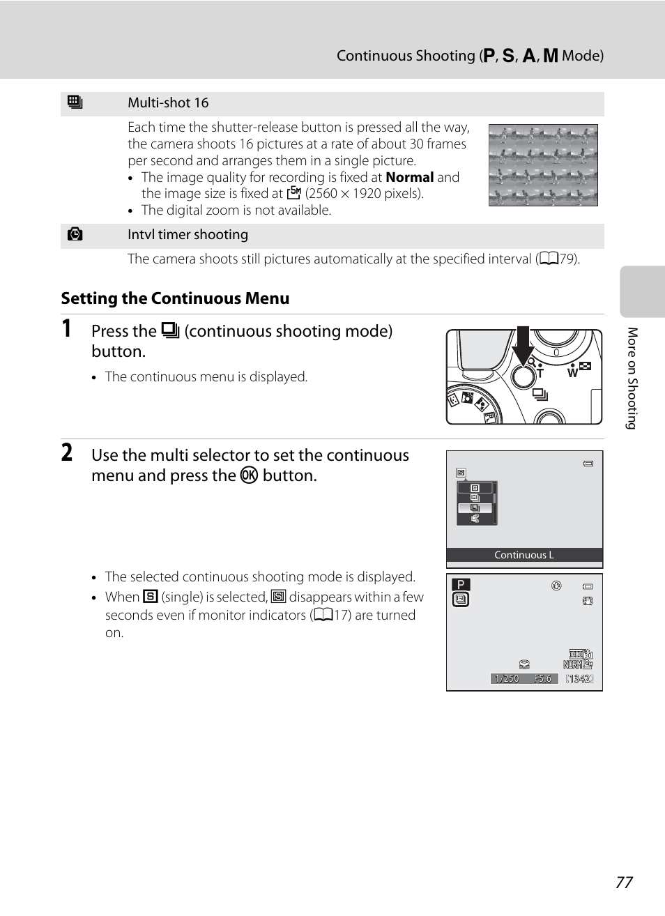 Setting the continuous menu, Press the c (continuous shooting mode) button | Nikon COOLPIX P500 User Manual | Page 91 / 252