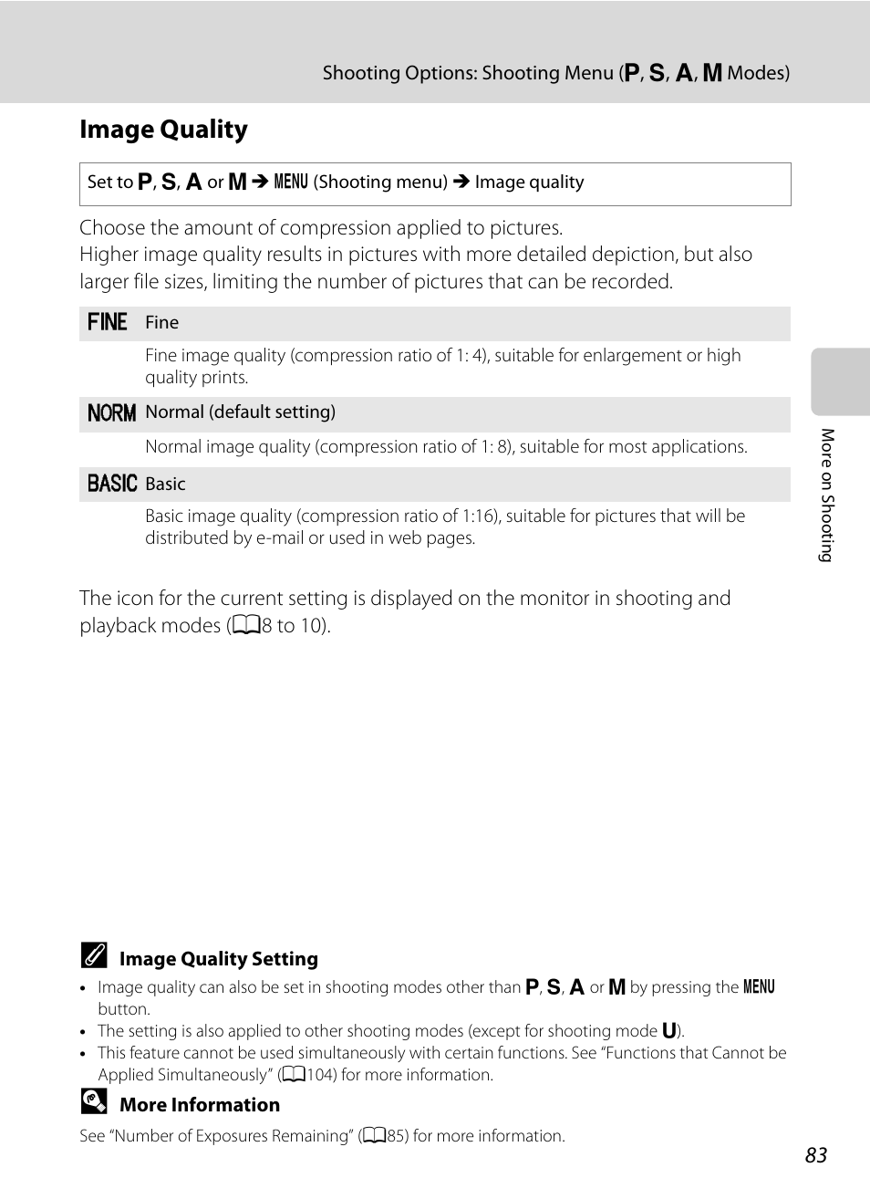 Image quality, A83), A83) a | A83), or, A83) setti | Nikon COOLPIX P500 User Manual | Page 97 / 252