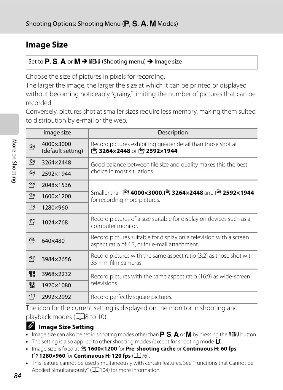 Image size, A84), A84) be | Nikon COOLPIX P500 User Manual | Page 98 / 252