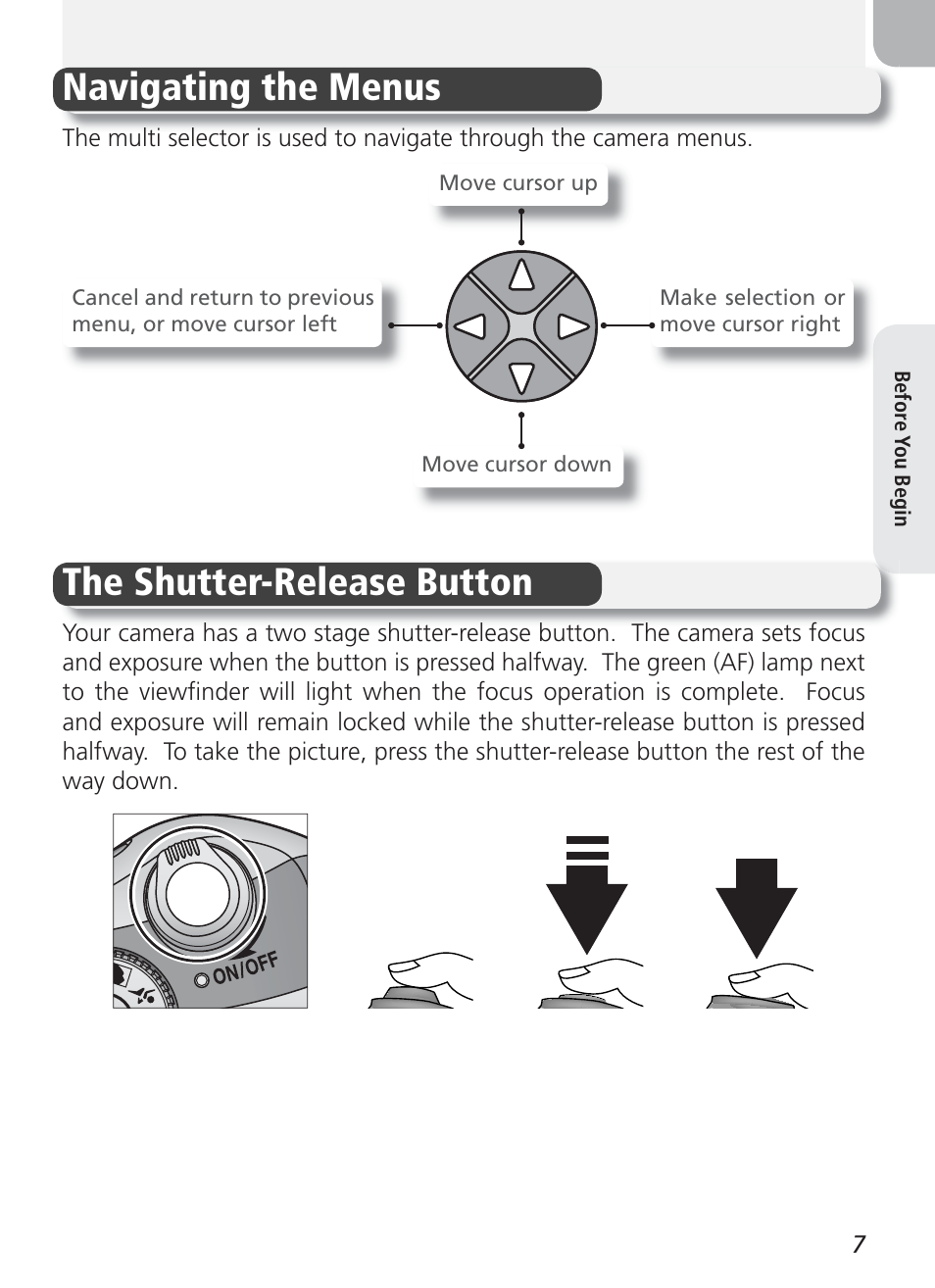 Navigating the menus, The shutter-release button | Nikon Coolpix 3100 User Manual | Page 17 / 104