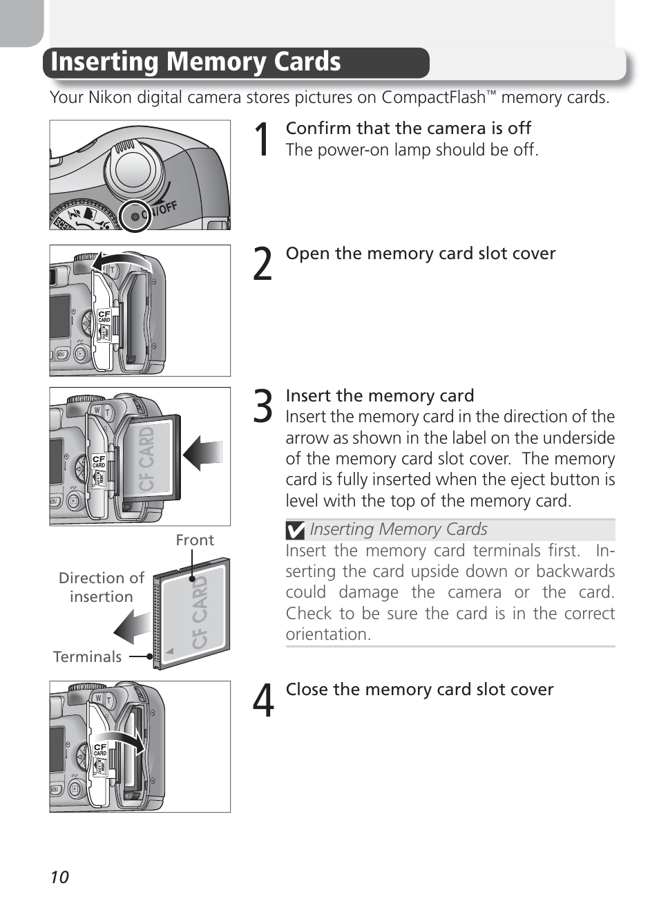 Inserting memory cards | Nikon Coolpix 3100 User Manual | Page 20 / 104