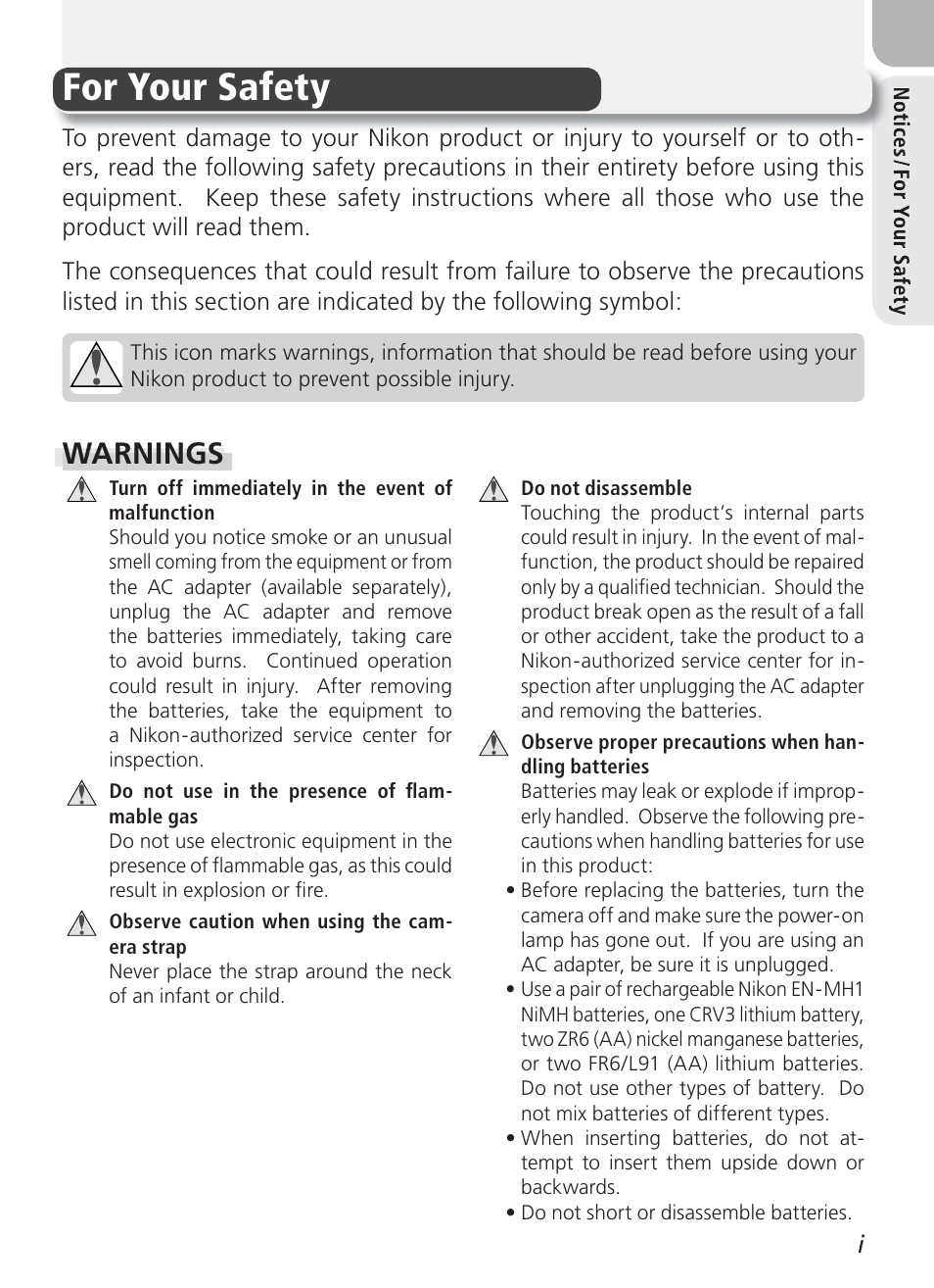 Notices / for your safety, For your safety, Warnings | Nikon Coolpix 3100 User Manual | Page 3 / 104