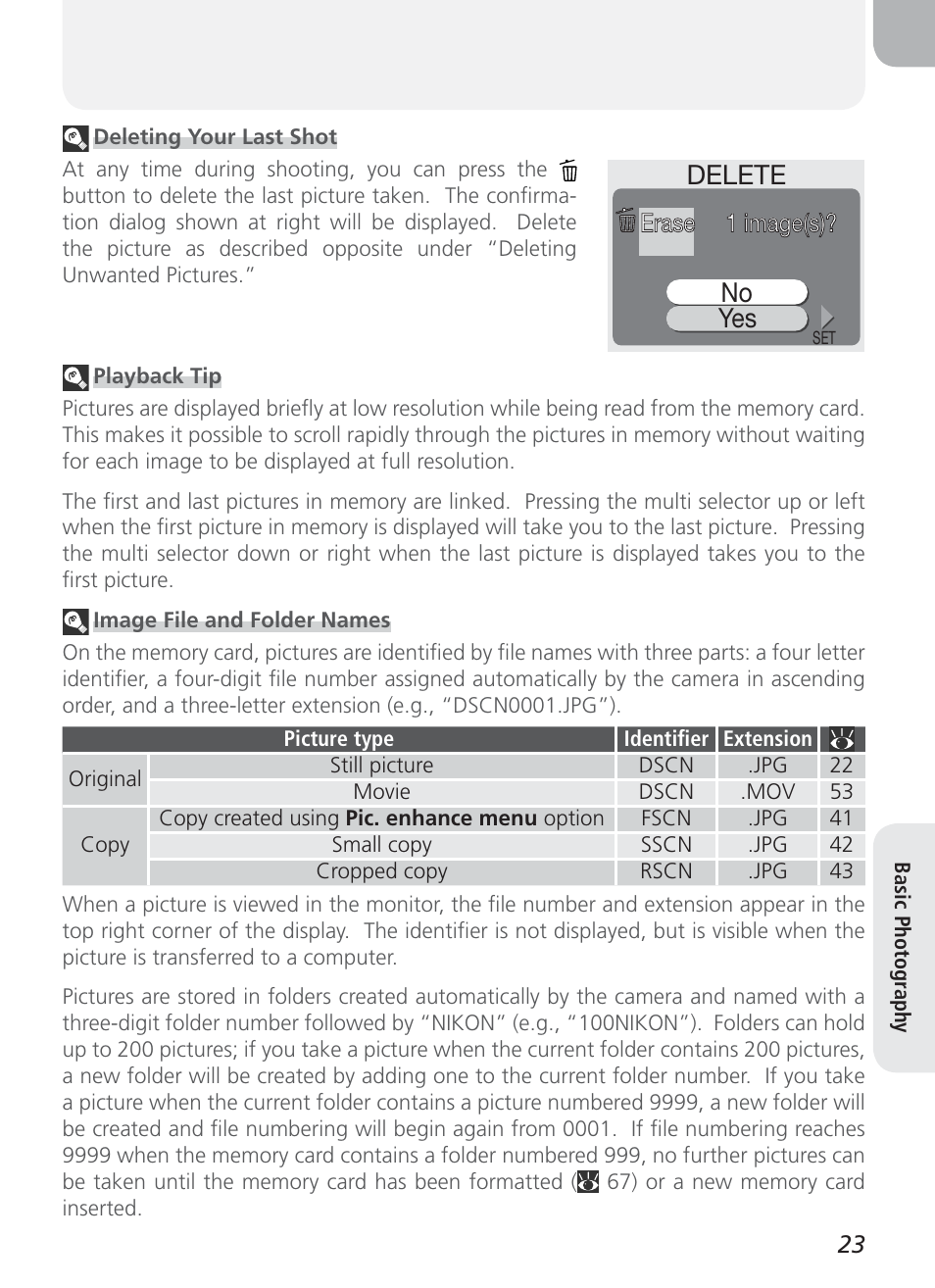 No yes delete, Erase 1 image(s) | Nikon Coolpix 3100 User Manual | Page 33 / 104