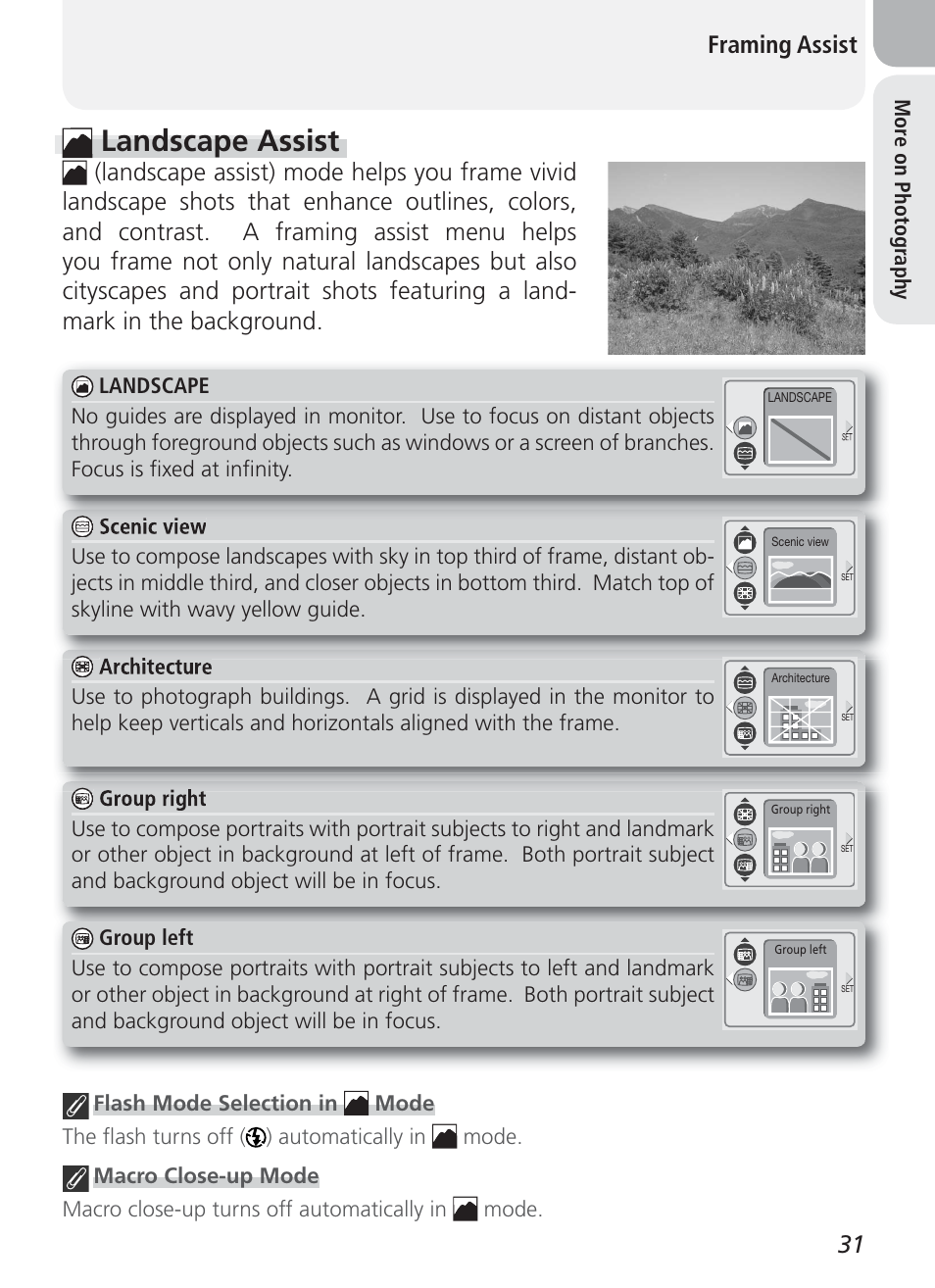 Landscape assist, 31 framing assist | Nikon Coolpix 3100 User Manual | Page 41 / 104
