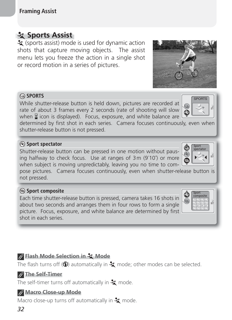 Sports assist, 32 framing assist | Nikon Coolpix 3100 User Manual | Page 42 / 104