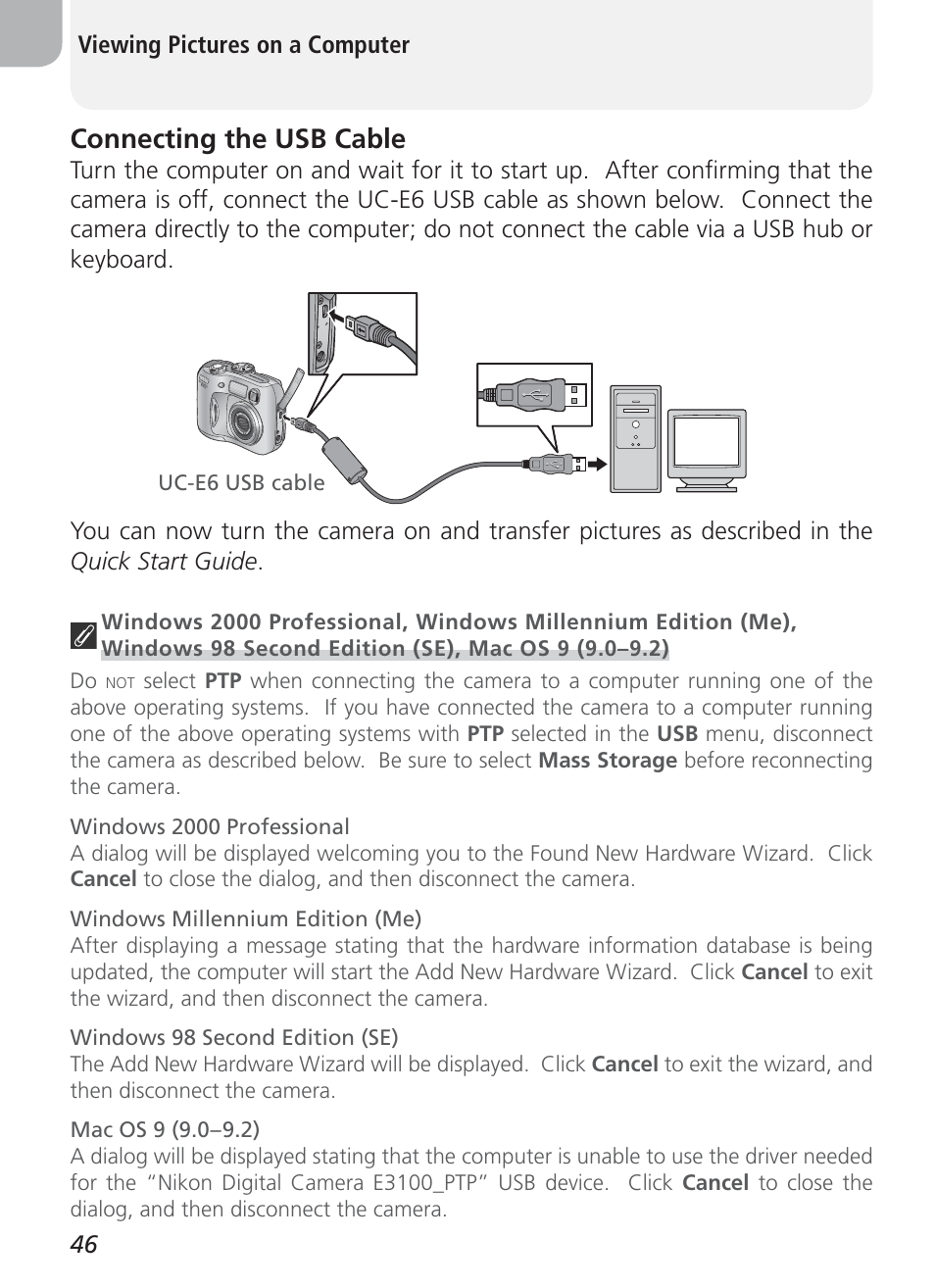Connecting the usb cable | Nikon Coolpix 3100 User Manual | Page 56 / 104