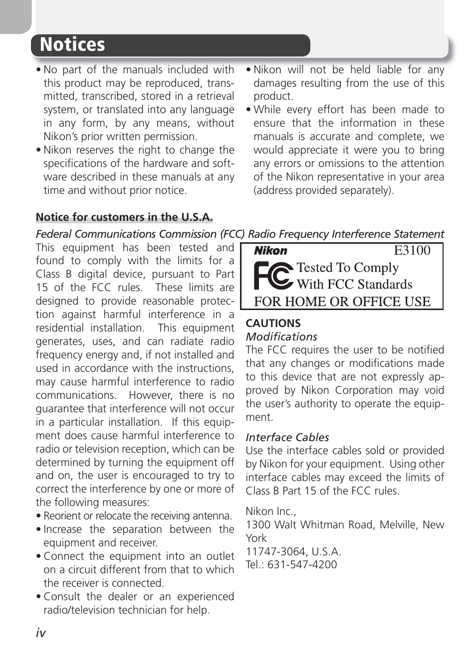 Notices, E3100 | Nikon Coolpix 3100 User Manual | Page 6 / 104
