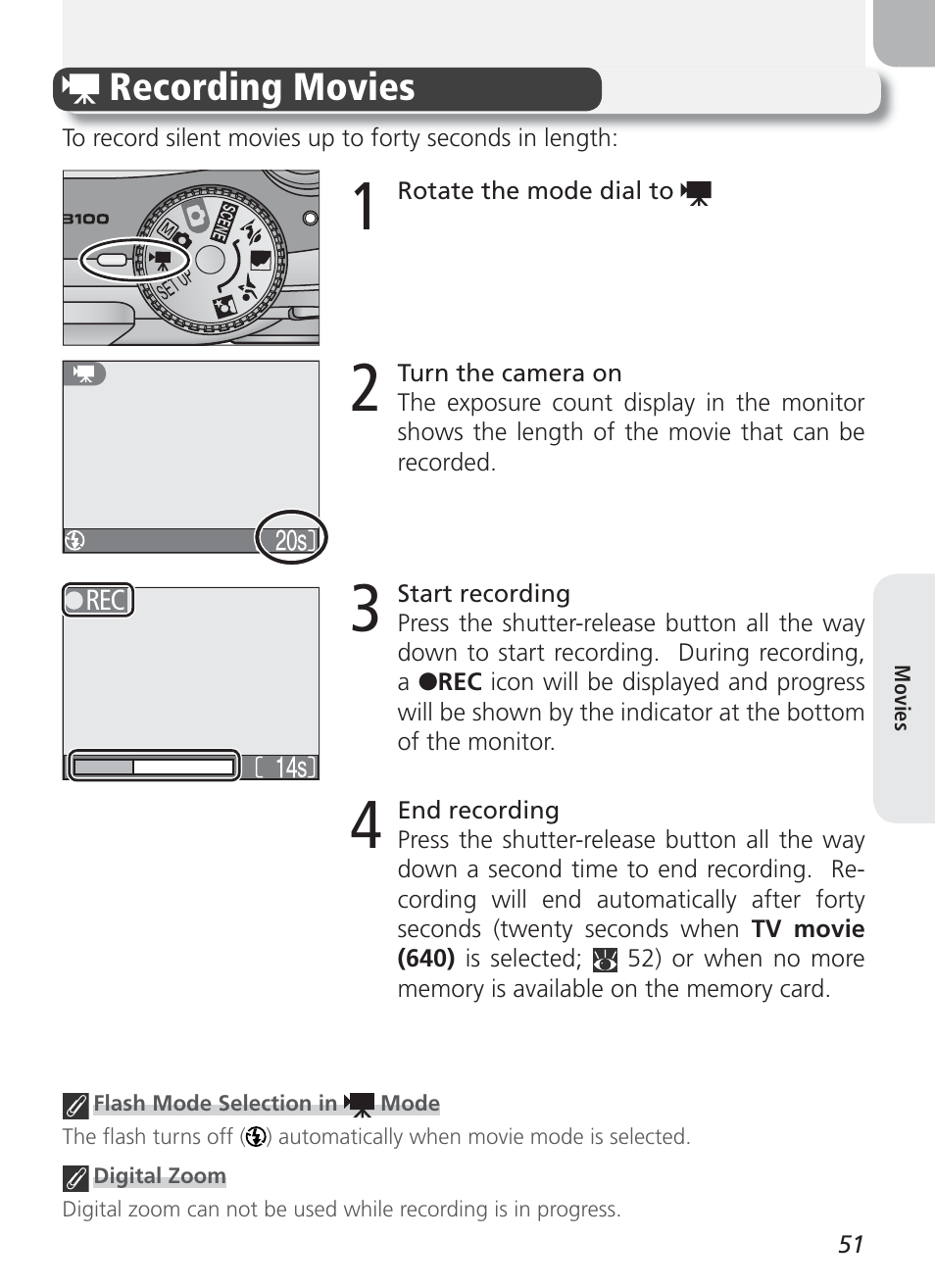 Movies, Recording movies | Nikon Coolpix 3100 User Manual | Page 61 / 104
