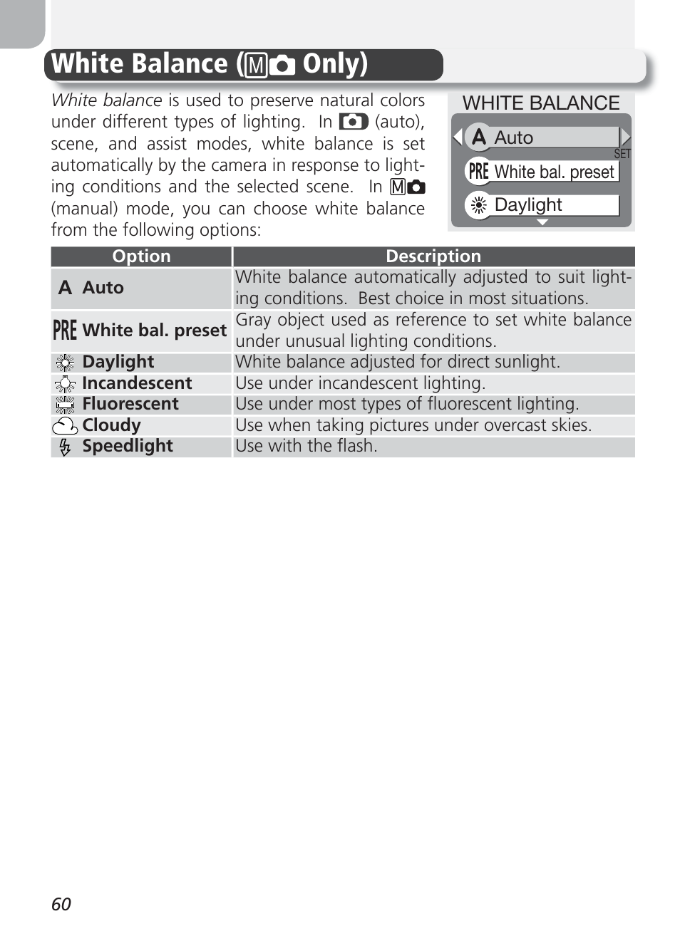 White balance, White balance ( only) | Nikon Coolpix 3100 User Manual | Page 70 / 104