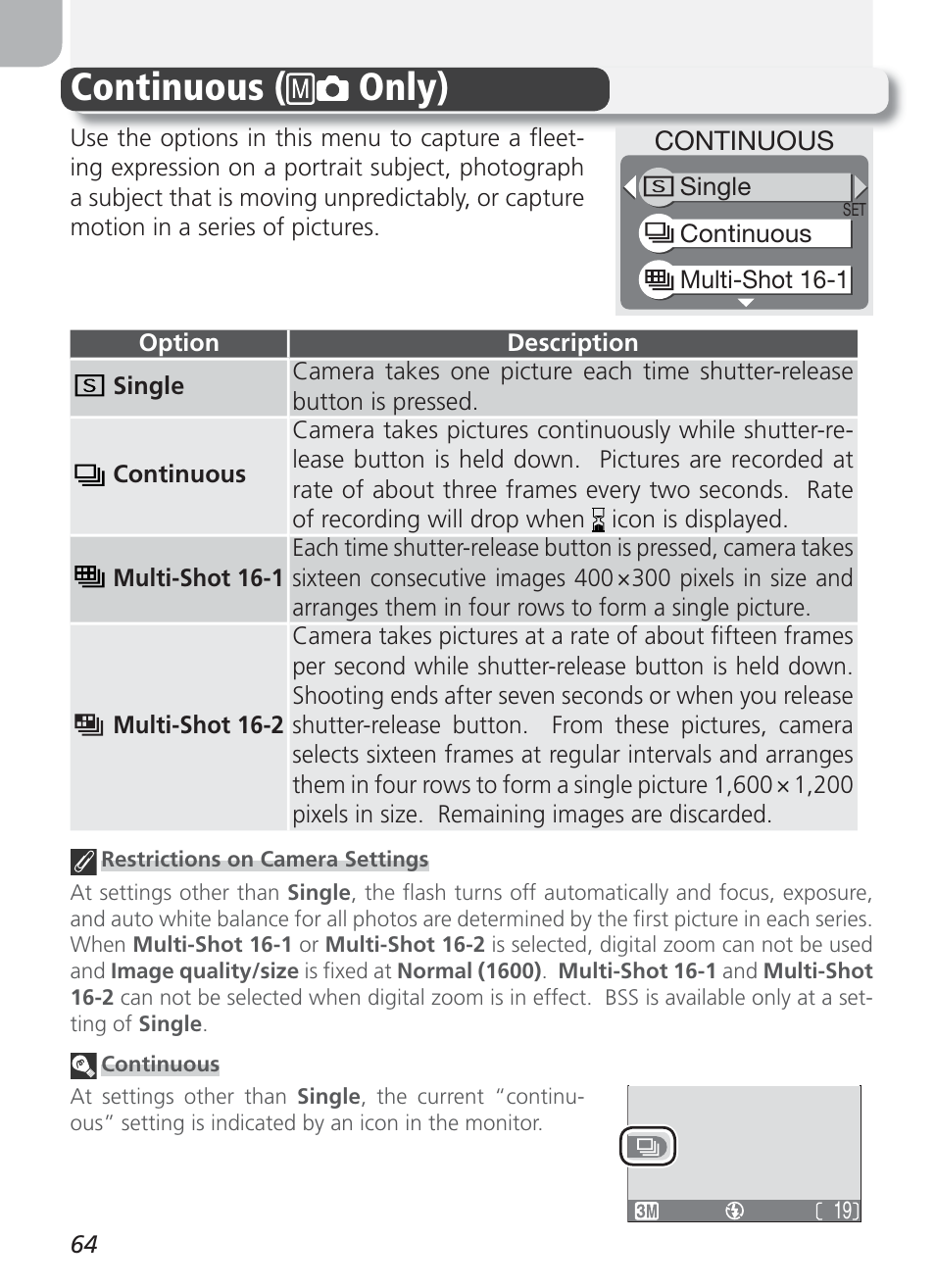 Continuous, Continuous ( only) | Nikon Coolpix 3100 User Manual | Page 74 / 104