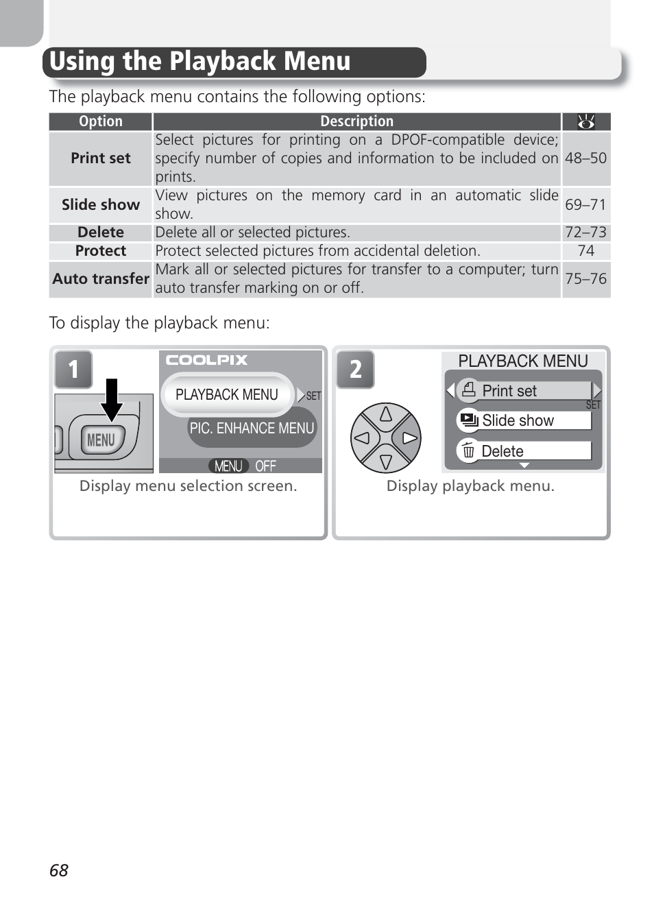 The playback menu, Using the playback menu | Nikon Coolpix 3100 User Manual | Page 78 / 104