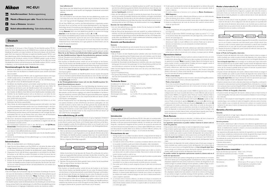 Mc-eu1, Deutsch, Español | Nikon MC-EU1 Remote cord some Coolpix cameras User Manual | Page 3 / 4
