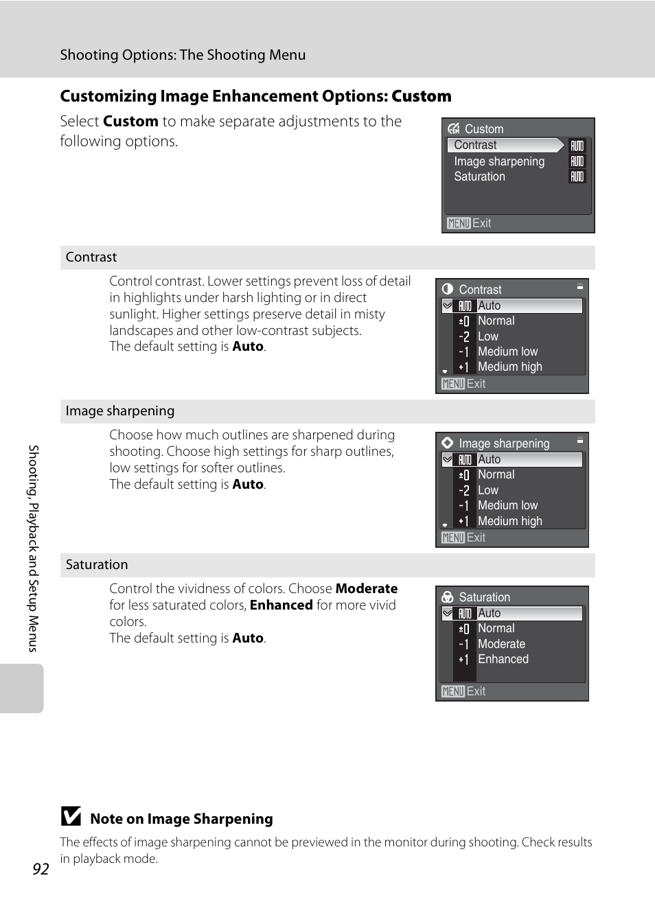 A 92), Customizing image enhancement options: custom | Nikon P80 User Manual | Page 106 / 167