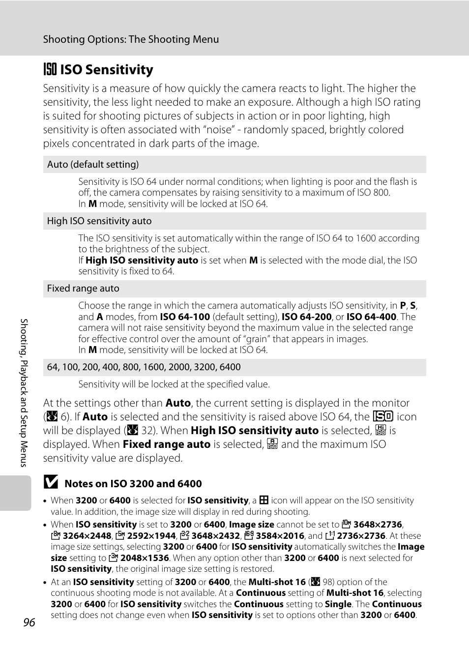 Iso sensitivity, E iso sensitivity, A 96 | Eiso sensitivity | Nikon P80 User Manual | Page 110 / 167