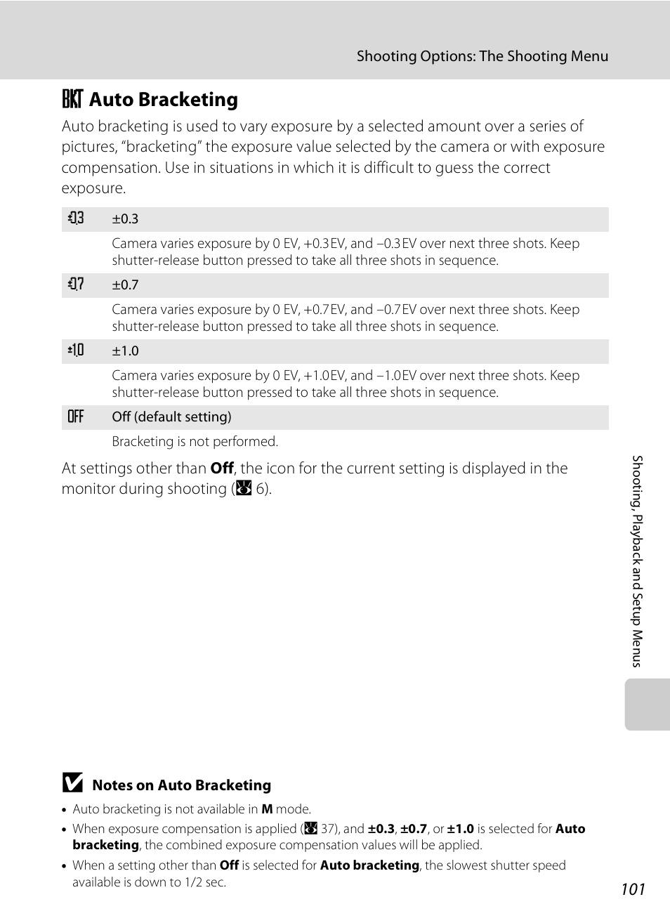 Auto bracketing, H auto bracketing, A 101) | A 101, Hauto bracketing | Nikon P80 User Manual | Page 115 / 167