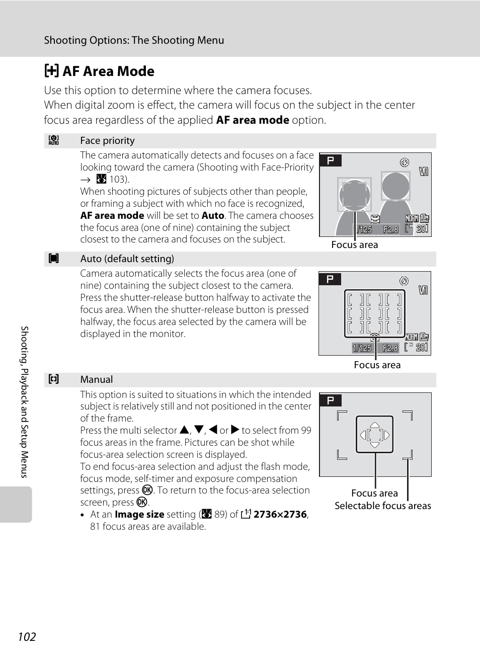 Af area mode, G af area mode, A 102) | A 102, Gaf area mode | Nikon P80 User Manual | Page 116 / 167