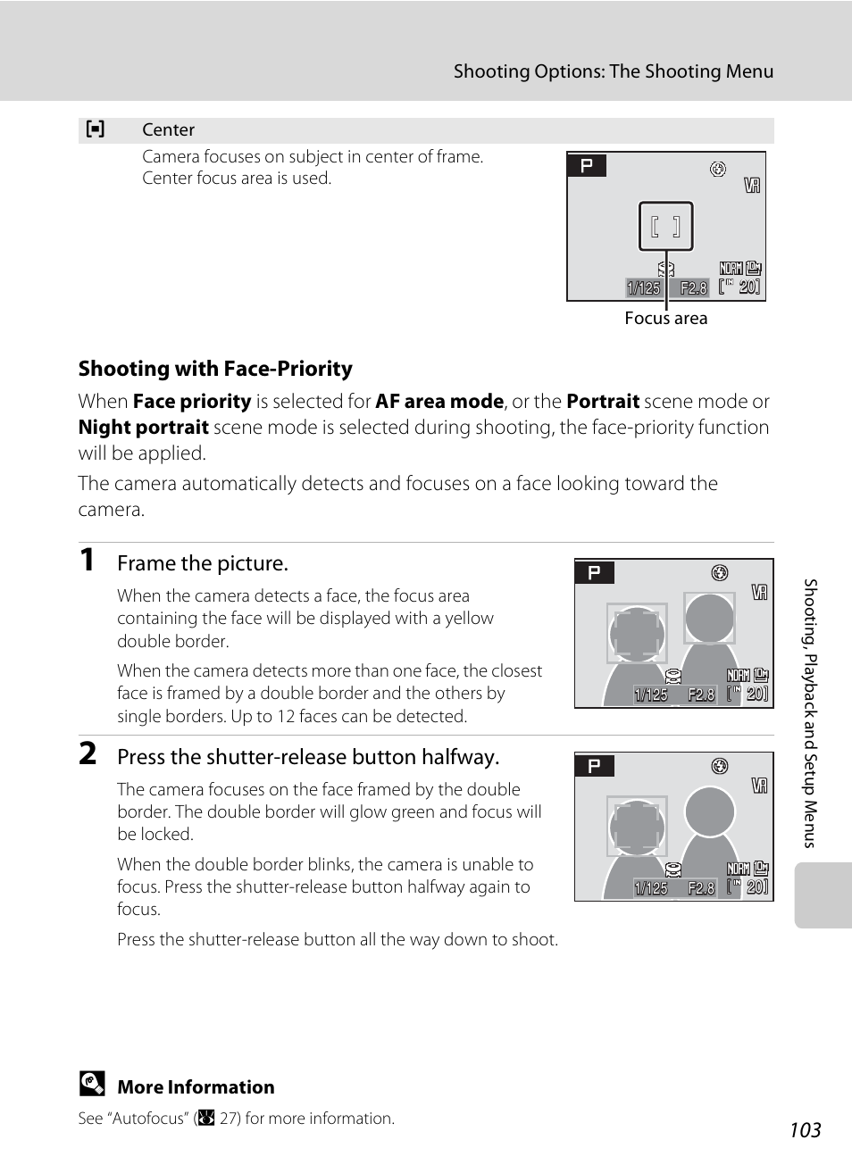 Shooting with face-priority, A 103), Frame the picture | Press the shutter-release button halfway | Nikon P80 User Manual | Page 117 / 167