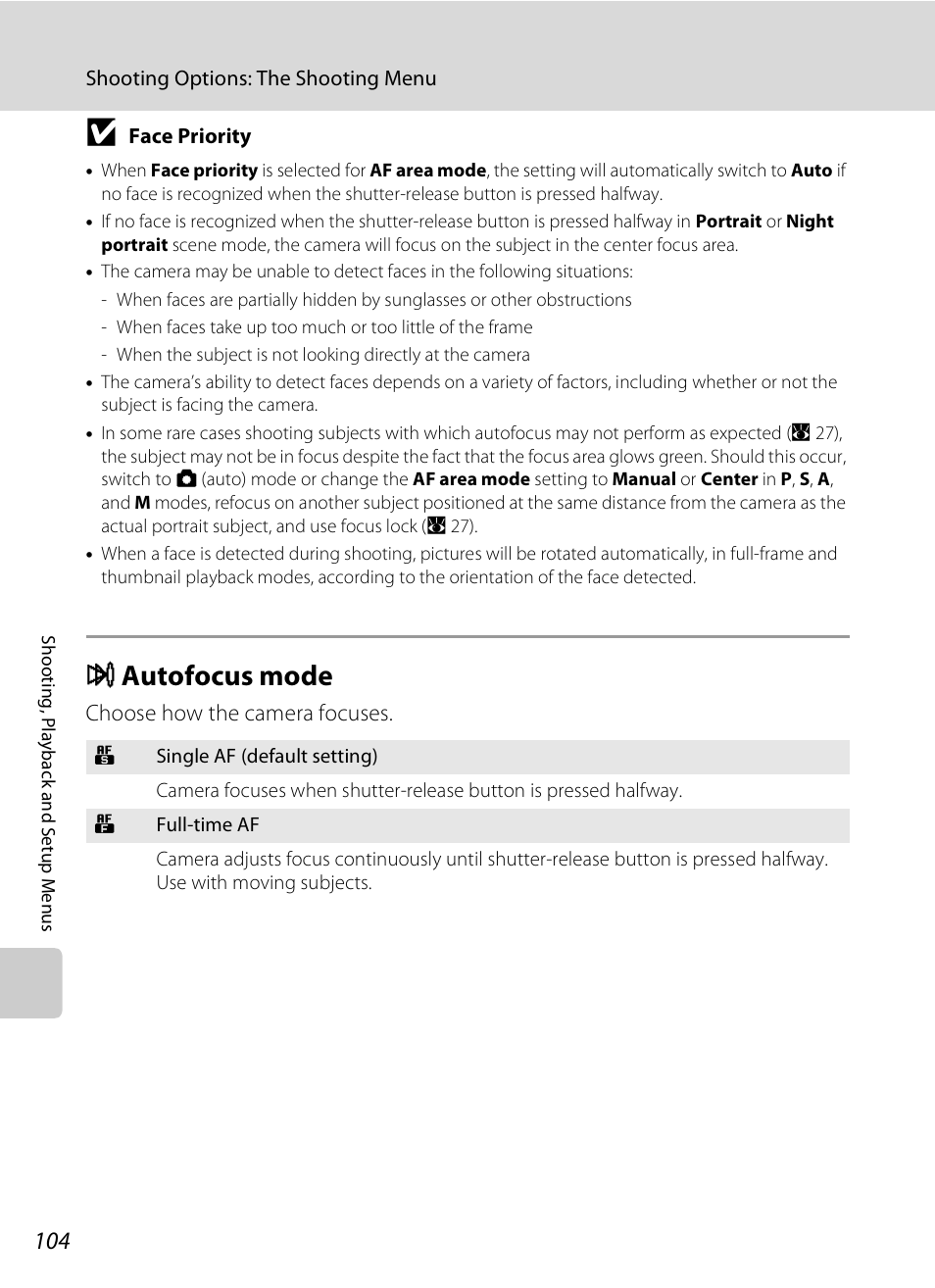 Autofocus mode, I autofocus mode, A 104 | Iautofocus mode | Nikon P80 User Manual | Page 118 / 167